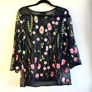 Fairycore black sheer mesh flowery top long sleeve layering fairy cottagecore M